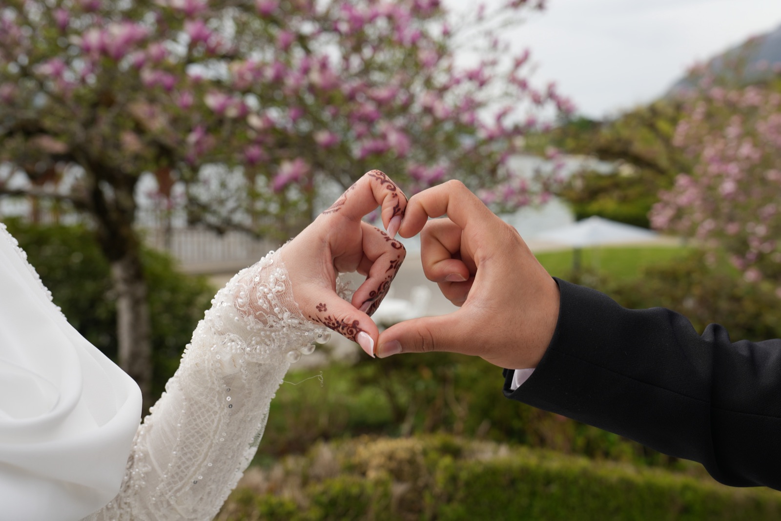 Mains en forme de cœur devant les magnolias